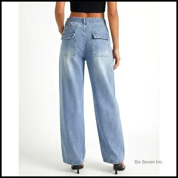 Baggy Wide Leg Jeans Y2K Vintage Boyfriend Denim Pants Mid Rise Soft Stretch - Picture 4 of 5